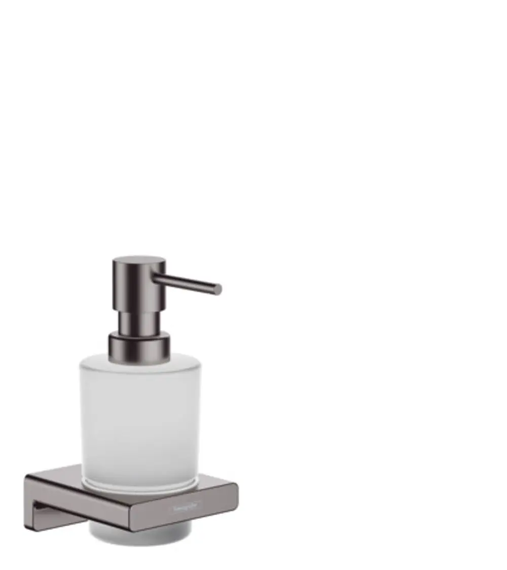 Lotionspender aus Glas, montiert auf einer quadratischen Halterung in gebürstetem Schwarzchrom. Marke Hansgrohe.